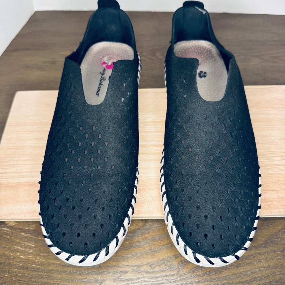 Tommy Bahama Enisa Black Laser Cut Slip On Sneakers Whipstitch Platform Size 8.5